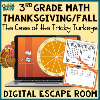 Preview of 3rd Grade Thanksgiving Math Activity Digital Escape Room Game Fun Fall Challenge