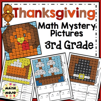 Preview of 3rd Grade Thanksgiving Math Mystery Pictures: Math Color By Number Activities