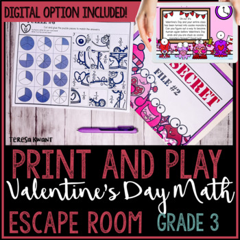 Preview of 3rd Grade Valentine's Day Math Escape Room Breakout Activity | Fractions