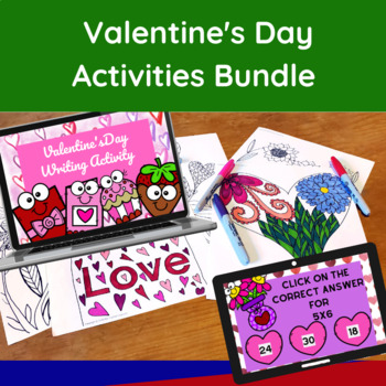 Preview of 3rd Grade- Valentines Day Activities: Math, Writing and Coloring- Digital BUNDLE