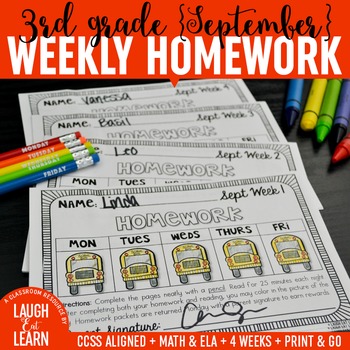 Preview of Third Grade Math & ELA Homework: September