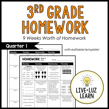Preview of 3rd Grade Weekly Homework - Quarter 1