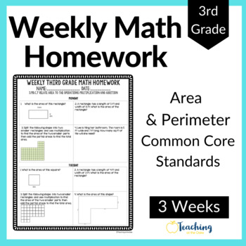 Preview of 3rd Grade Weekly Math Homework Area and Perimeter