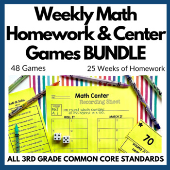 Preview of 3rd Grade Weekly Math Homework and Center Games for ALL Standards