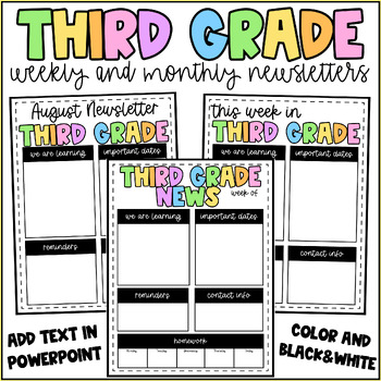 Preview of 3rd Grade Weekly and Monthly Editable Newsletter Template -Colorful Third Grade