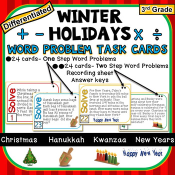 Preview of 3rd Grade Winter Holidays Task Cards 1-Step & 2-Step Math Word Problems