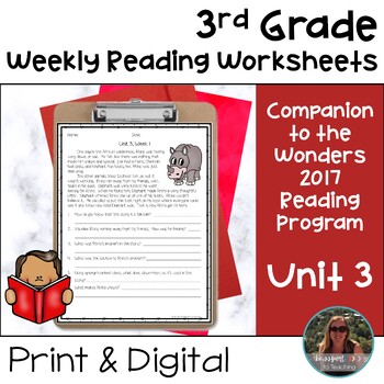 Preview of 3rd Grade Wonders 2017 Weekly Reading Worksheets Unit 3 Print and Digital