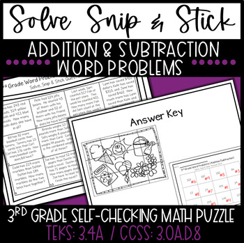 Preview of 3rd Grade Word Problems: Addition & Subtraction Solve Snip & Stick / TEKS 3.4A