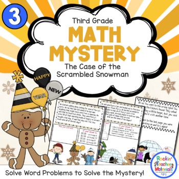 Preview of 3rd Grade Word Problems - Math Mystery -Case of the Scrambled New Year's Snowman