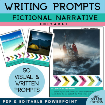 Preview of 3rd Grade Writing Prompts Narrative  | PICTURES & EDITABLE TEXT | Fictional