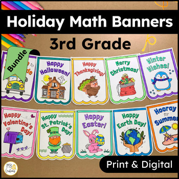 Preview of 3rd Grade Yearlong Math Review Worksheets and Activities - Holiday Math Banners