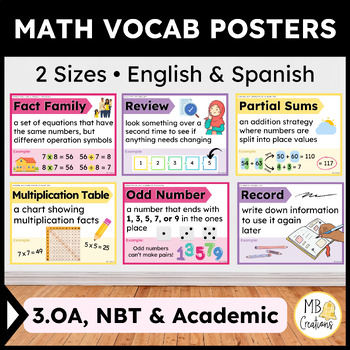 Preview of 3rd Grade iReady Math Word Wall Vol 1 Banners Spanish ENG 3.OA, NBT Vocabulary