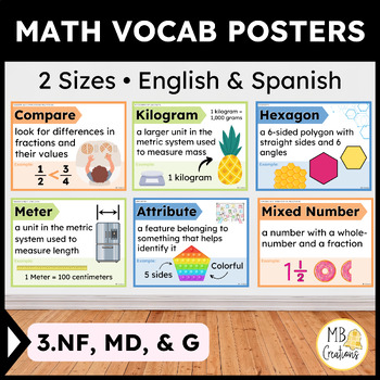 Preview of 3rd Grade iReady Math Eng/Spanish Word Wall Posters 3.NF/MD/G Vocabulary - Vol 2