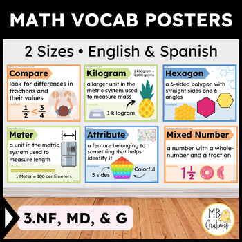 Preview of 3rd Grade iReady Math Word Wall Vol 2 Spanish ENG Posters 3.NF, MD, G Vocabulary