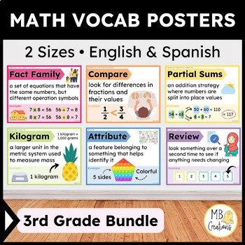 Preview of 3rd Grade Math Word Wall Posters English/Spanish CCSS Vocabulary + iReady Banner