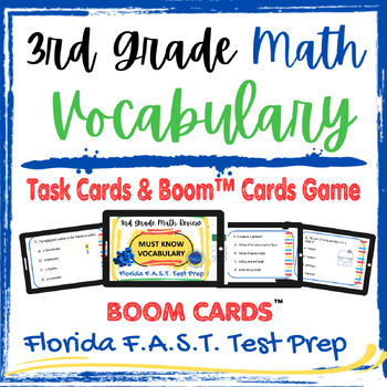 Preview of 3rd and 4th Grade Math Vocabulary Task Cards and Boom Cards™ Game Test Prep