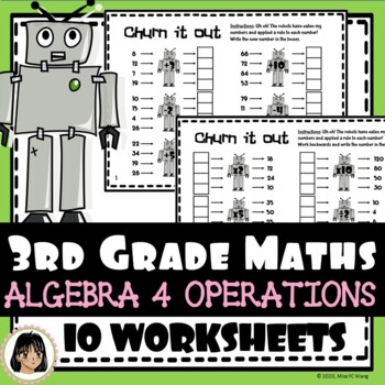 Preview of 3rd grade Algebra worksheets - Solving Equations and rules with four operations