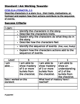 Preview of 3rd grade CCLS RL check list with rubric, I can statements for Self assessment