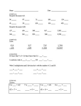 Preview of 3rd grade Math Review Sheet (common core)
