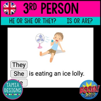 Preview of 3rd person: he, she, they? is, are? UK version Boom Cards digital task cards