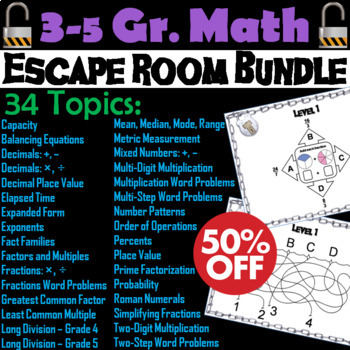Preview of Math Escape Room Bundle for 3rd 4th 5th Grade: Fact Families, Word Problems, etc