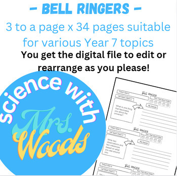 Preview of 3x34 pages (102 TOTAL) Year 7 Bell Ringers for various science topics