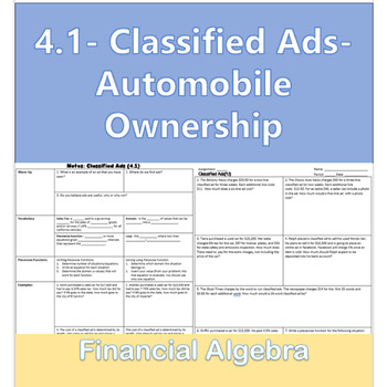 Preview of 4.1 Auto Classified Ads, Automobile Ownership, Piecewise Functions, Sales Tax