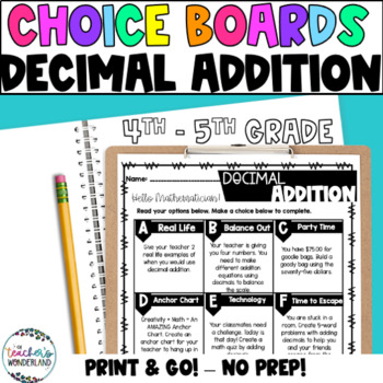 Preview of 4-5th Grade- Decimal Addition Math Menus - Choice Boards and Activities