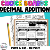 4-5th Grade- Decimal Addition Math Menus - Choice Boards a