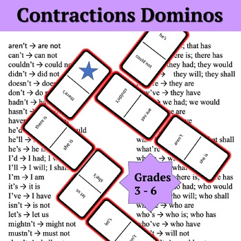 Preview of Contraction Domino Games | Color and Black/White | Worksheets | Grades 3-6