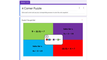 Preview of 4 Corner Online Puzzle Activity - expressions with integers & 2 step equations