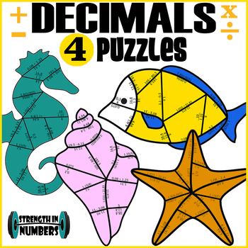 Preview of 4 Decimal Operations Cooperative Puzzles to make a Sea Life Bulletin Board