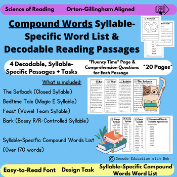 Preview of 4 Decodable COMPOUND WORDS Syllable-Specific Reading Passages & Word List