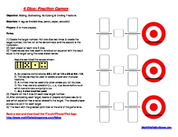 Preview of 4 Dice: Fraction Games (Adding, Subtracting, Multiplying & Dividing Fractions)