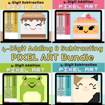 Preview of 4 Digit Addition & Subtraction | Squishmallow Inpsired Pixel Art Bundle