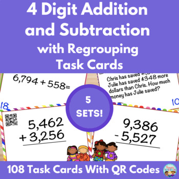 Preview of 4 Digit Addition and Subtraction with Regrouping Task Card Bundle w/ QR Codes