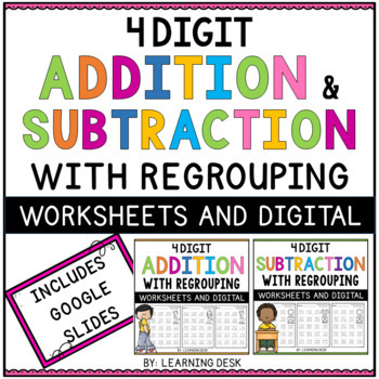 Preview of 4 Digit Addition and Subtraction with Regrouping Worksheets Google Slides BUNDLE