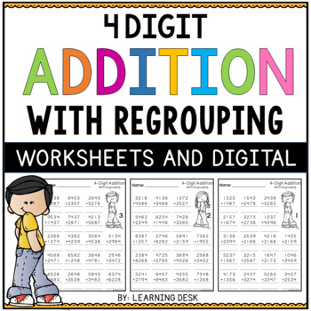 Preview of 4 Digit Addition with Regrouping Worksheets Google Slides