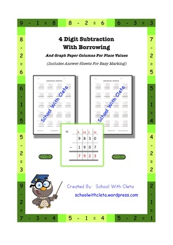 Preview of 4 Digit Subtraction With Borrowing / Regrouping & Lines For Place Value