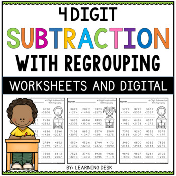 Preview of 4 Digit Subtraction with Regrouping Worksheets Google Slides