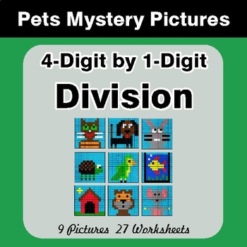 4-Digit by 1-Digit Division - Color-By-Number Math Mystery Pictures - Pets Theme
