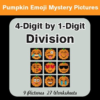4-Digit by 1-Digit Division - Color-By-Number PUMPKIN EMOJI Math Mystery Pictures