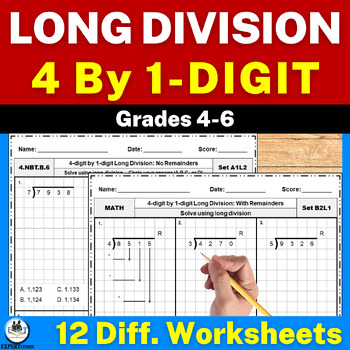 Preview of 4 Digit by 1 Digit Long Division Practice Worksheets | With & Without Remainders