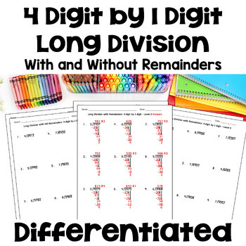 Preview of 4 Digit by 1 Digit  Long Division Worksheets - Differentiated