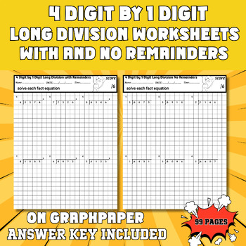 Preview of 4 Digit by 1 Digit Long Division with and without Remainders on Graph Paper
