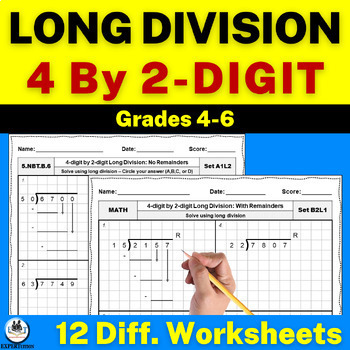 Preview of 4 Digit by 2 Digit Long Division Practice Worksheets | With & Without Remainders