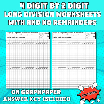 Preview of 4 Digit by 2 Digit Long Division with and without Remainders on Graph Paper