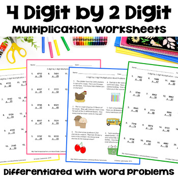 Preview of 4 Digit by 2 Digit Multiplication Worksheets - Differentiated with Word Problems