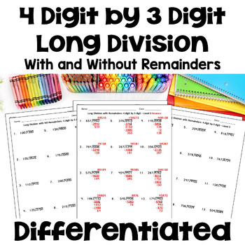 Preview of 4 Digit by 3 Digit Long Division Worksheets - Differentiated