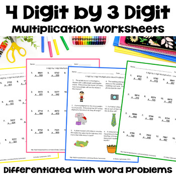Preview of 4 Digit by 3 Digit Multiplication Worksheets - Differentiated with Word Problems
